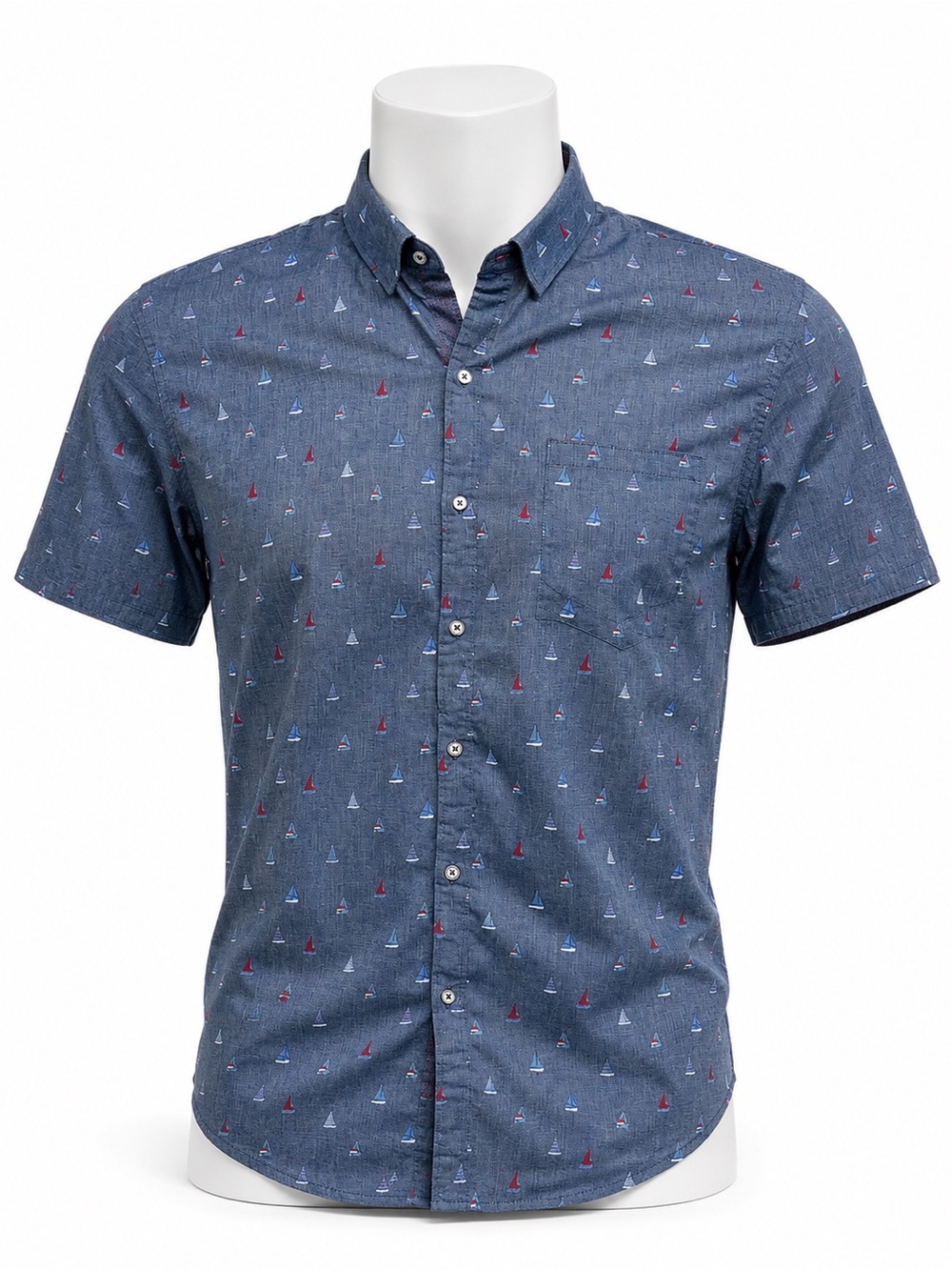 Men’s XL Blue Sailboat Print Short Sleeve Button Down Shirt